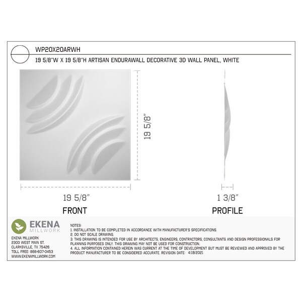 Ekena Millwork 19 5/8in. W x 19 5/8in. H Artisan EnduraWall Decor 3D Wall Panel Covers, Total 32.1 Sq. Ft., 12PK - WP20X20ARWH-CASE-12