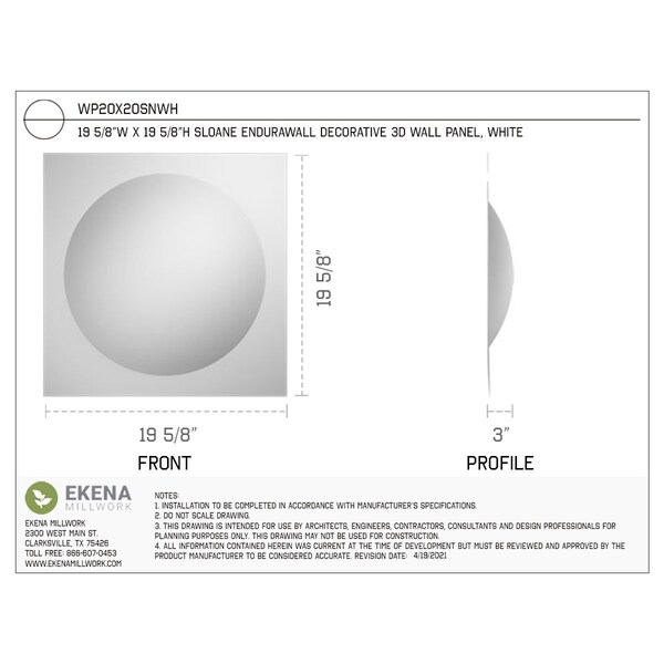 Ekena Millwork Sloane EnduraWall Decorative 3D Wall Panel, White, 19 5/8"W x 19 5/8"H - WP20X20SNWH