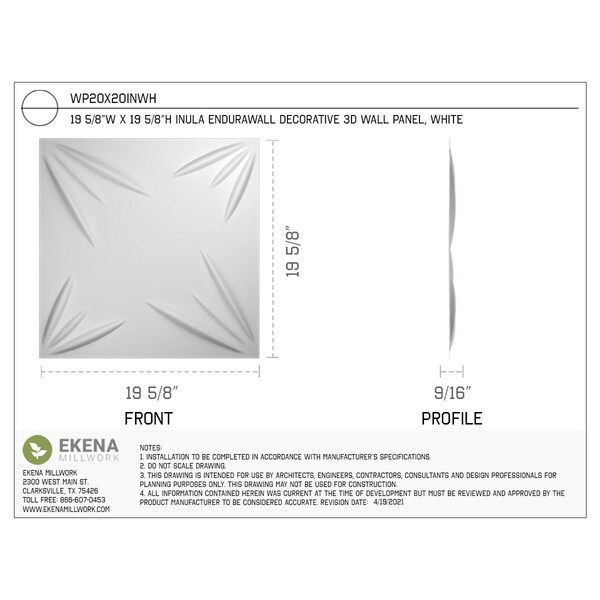 Ekena Millwork Inula EnduraWall Decorative 3D Wall Panel, White, 19 5/8"W x 19 5/8"H - WP20X20INWH