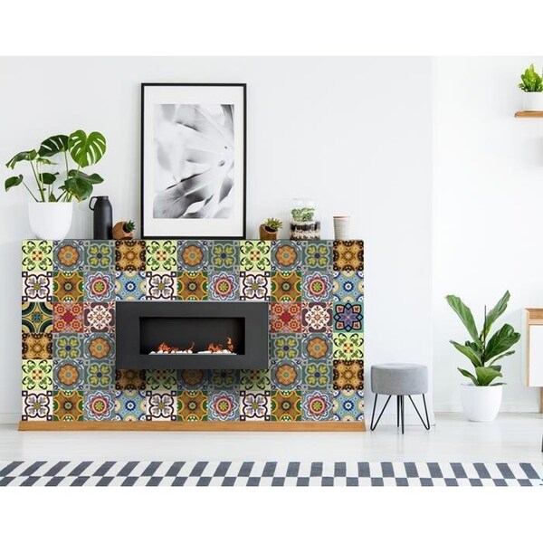 Homeroots 8 x 8 in. Auguri Flora Green Peel & Stick Removable Tiles - 400019