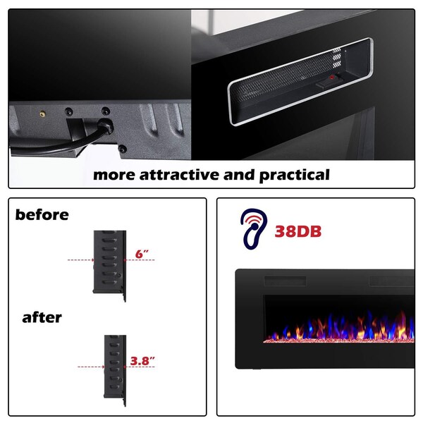 Edendirect 50 in. Wall Mounted Electric Fireplace, Black, Low Noise, Remote Control, Timer, Touch Screen - ED850C3