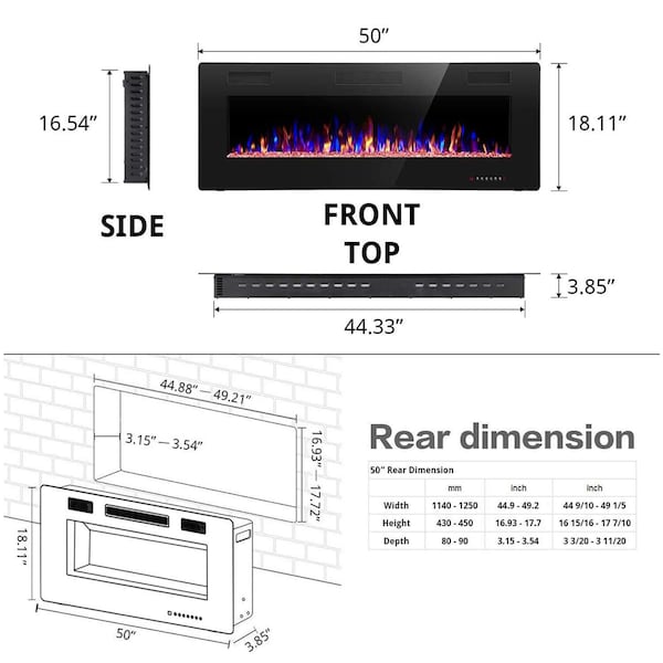 Edendirect 50 in. Wall Mounted Electric Fireplace, Black, Low Noise, Remote Control, Timer, Touch Screen - ED850C3