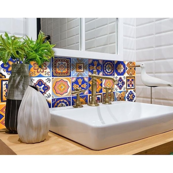 Homeroots 8 x 8 in. Blue & Gold Celestial Mosaic Peel & Stick Removable Tiles - 400445