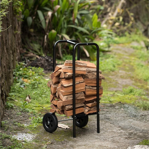 Gardenised Indoor and Outdoor Patio Steel Firewood Log Carrier, Wood Rack Storage Stacking Holder, Black - QI004520