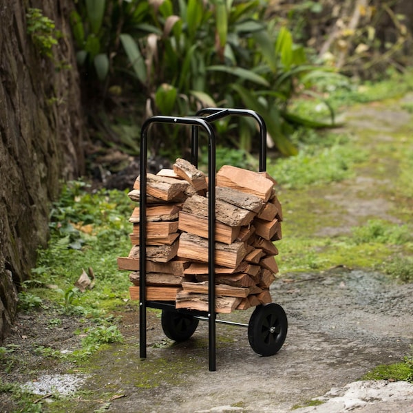 Gardenised Indoor and Outdoor Patio Steel Firewood Log Carrier, Wood Rack Storage Stacking Holder, Black - QI004520
