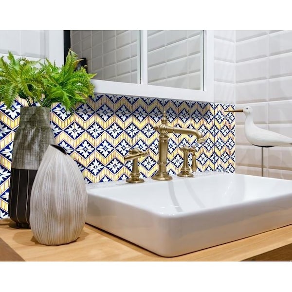 Homeroots 4 x 4 in. Blue Yellow Zig Peel & Stick Tiles - 400185