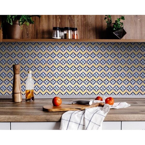 Homeroots 4 x 4 in. Blue Yellow Zig Peel & Stick Tiles - 400185