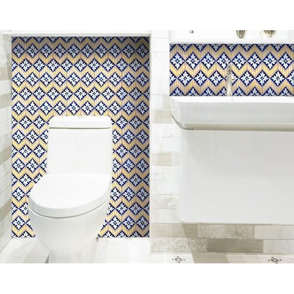 Homeroots 4 x 4 in. Blue Yellow Zig Peel & Stick Tiles - 400185