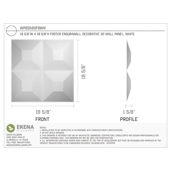 Ekena Millwork 19 5/8in. W x 19 5/8in. H Foster EnduraWall Decor 3D Wall Panel Covers Total 53.49 Sq. Ft., 20PK - WP20X20FOWH-CASE-20