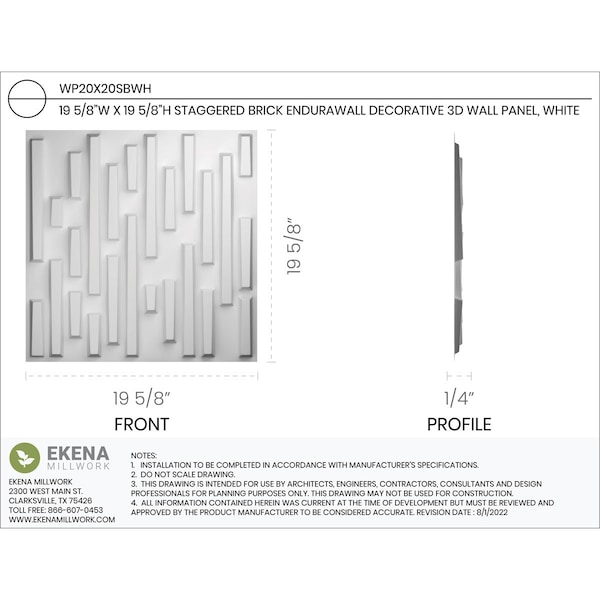 Ekena Millwork 19 5/8in. W x 19 5/8in. H Staggered Brick EnduraWall Decorative 3D Wall Panel, White, 20PK - WP20X20SBWH-CASE-20