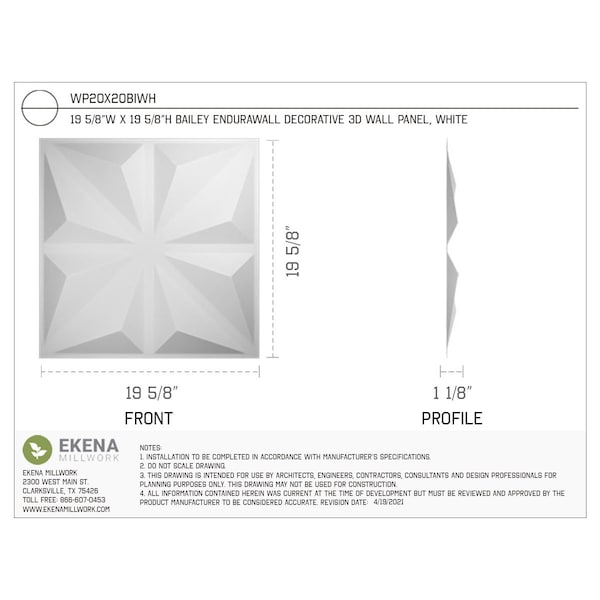 Ekena Millwork 19 5/8in. W x 19 5/8in. H Bailey EnduraWall Decor 3D Wall Panel Covers, Total 26.75 Sq. Ft., 10PK - WP20X20BIWH-CASE-10