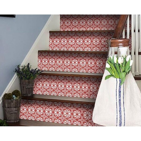 Homeroots 5 x 5 in. Brick Red & White Scroll Peel & Stick Removable Tiles - 400421