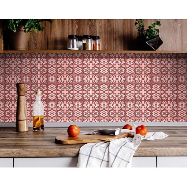 Homeroots 5 x 5 in. Brick Red & White Scroll Peel & Stick Removable Tiles - 400421