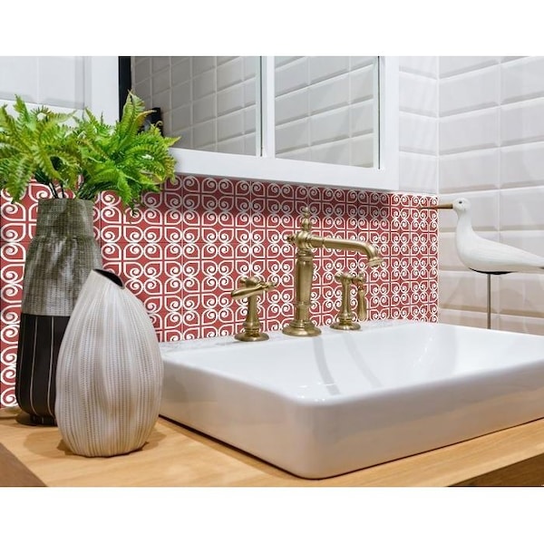 Homeroots 5 x 5 in. Brick Red & White Scroll Peel & Stick Removable Tiles - 400421