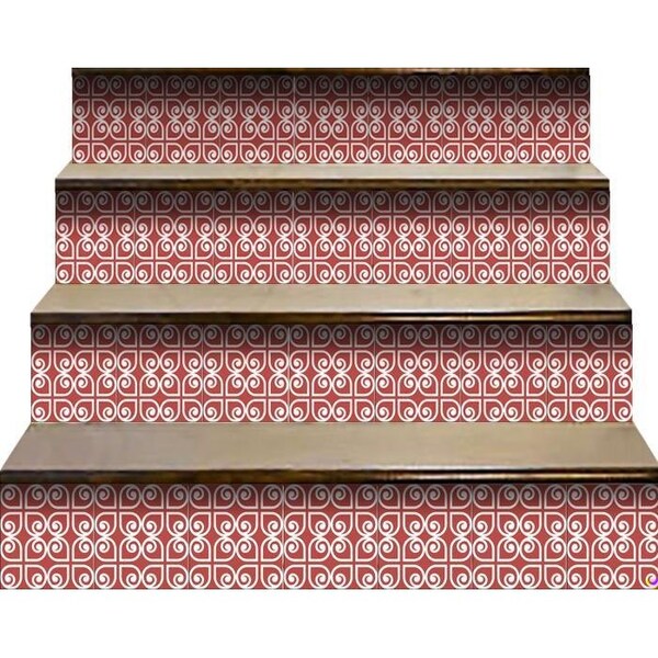 Homeroots 5 x 5 in. Brick Red & White Scroll Peel & Stick Removable Tiles - 400421