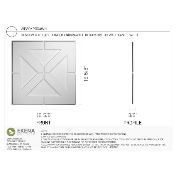 Ekena Millwork 19 5/8in. W x 19 5/8in. H Xander EnduraWall Decor 3D Wall Panel Covers Total 53.49 Sq. Ft., 20PK - WP20X20XAWH-CASE-20