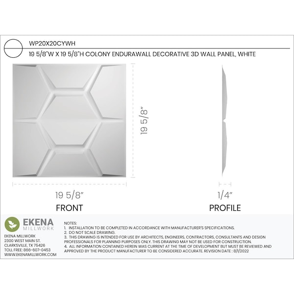 Ekena Millwork 19 5/8in. W x 19 5/8in. H Colony EnduraWall Decorative 3D Wall Panel, White, 20PK - WP20X20CYWH-CASE-20