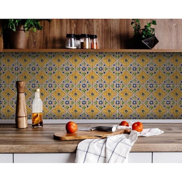 Homeroots 7 x 7 in. Yellow & Blue Provence Peel & Stick Removable Tiles - 400079