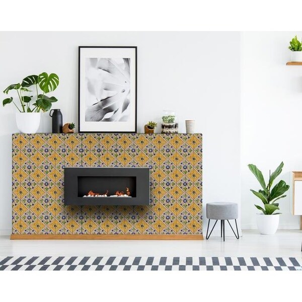 Homeroots 7 x 7 in. Yellow & Blue Provence Peel & Stick Removable Tiles - 400079