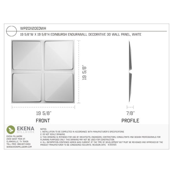 Ekena Millwork 19 5/8in. W x 19 5/8in. H Edinburgh EnduraWall Decor 3D Wall Panel Covers Total 53.49 Sq. Ft., 20PK - WP20X20EDWH-CASE-20