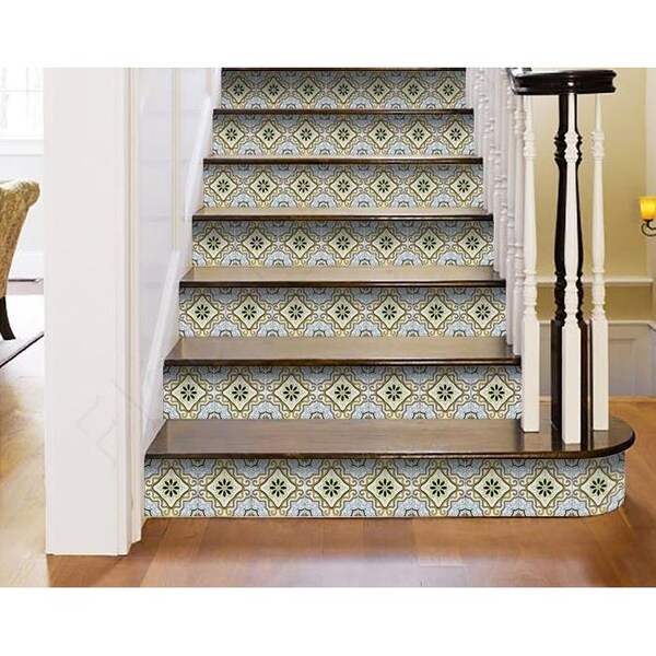 Homeroots 4 x 4 in. Taupe & Blue Scroll Peel & Stick Tiles - 400045