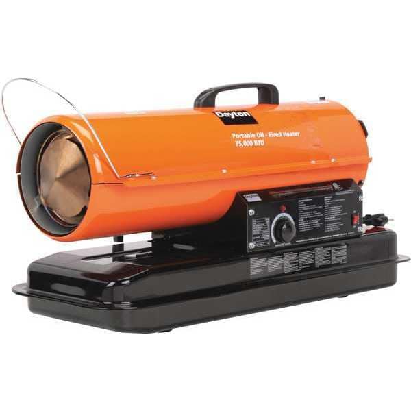 Dayton Portable Oil and Kerosene Torpedo Heater, 75,000 BtuH, 265 cfm, 1,700 sq ft Heat Area 5 gal - 3VE49