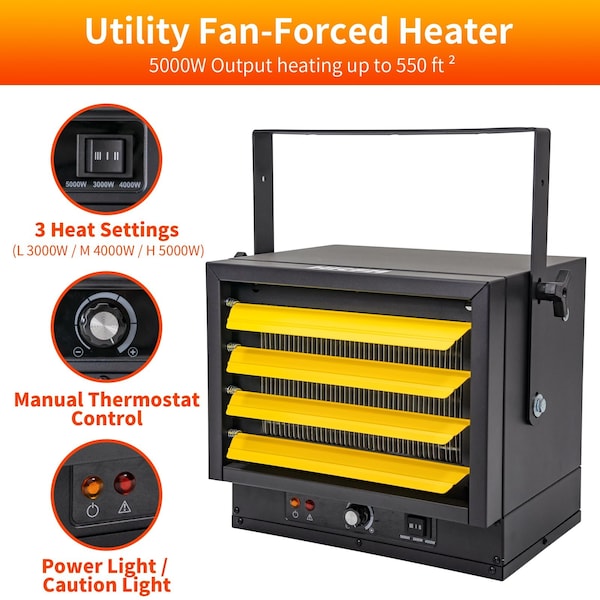 Edendirect 5000W Black Electric Garage Heater Micathermic Space Heater, 3 Heat Setting Control - HGM-50