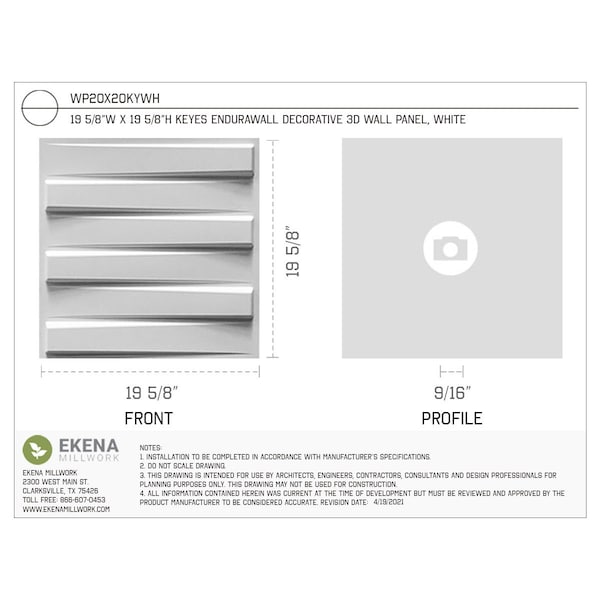 Ekena Millwork 19 5/8in. W x 19 5/8in. H Keyes EnduraWall Decor 3D Wall Panel Covers, Total 26.75 Sq. Ft., 10PK - WP20X20KYWH-CASE-10
