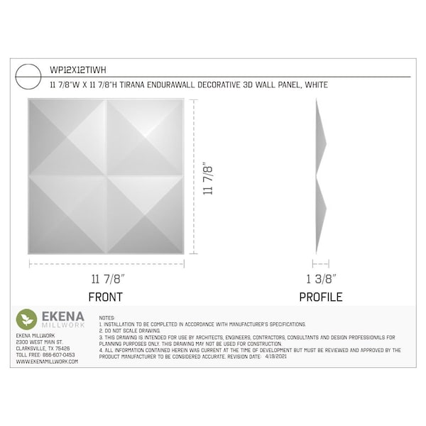 Ekena Millwork 11 7/8in. W x 11 7/8in. H Tirana EnduraWall Decor 3D Wall Panel Covers, Total 9.79 Sq. Ft., 10PK - WP12X12TIWH-CASE-10