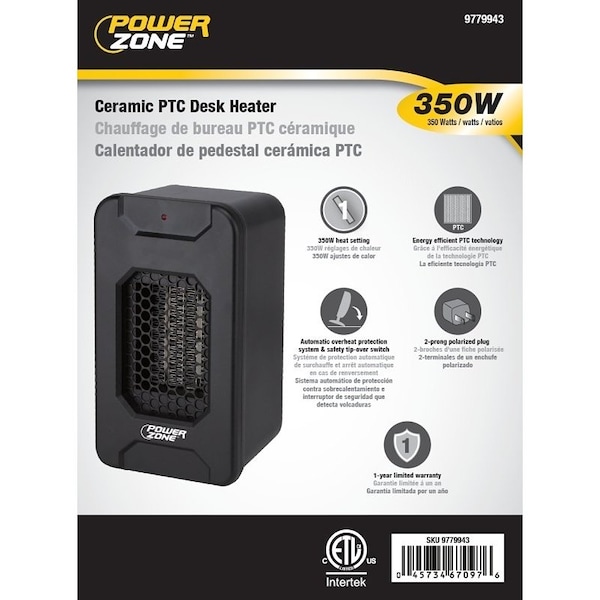 Powerzone Ceramic PTC Desk Heater, 2.92 A, 120 V, 350 W Heating, 1-Heating Stage, Black - HT1193