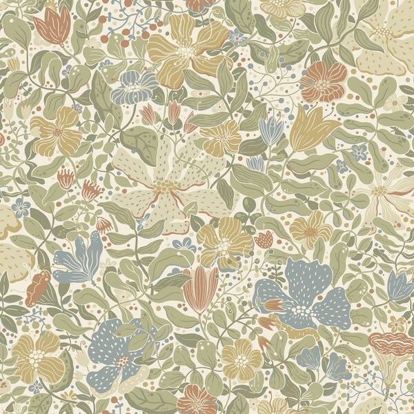 Manhattan Comfort Garland Midsommar Light Green Floral Medley 33 ft L X 209 in W Wallpaper - BR4111-63017