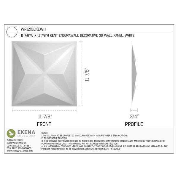 Ekena Millwork 11 7/8in. W x 11 7/8in. H Kent EnduraWall Decorative 3D Wall Panel Covers, Total 11.75 Sq. Ft., 12PK - WP12X12KEWH-CASE-12