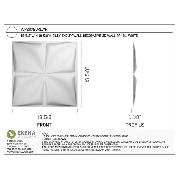 Ekena Millwork 19 5/8in. W x 19 5/8in. H Riley EnduraWall Decor 3D Wall Panel Covers, Total 26.75 Sq. Ft., 10PK - WP20X20RLWH-CASE-10