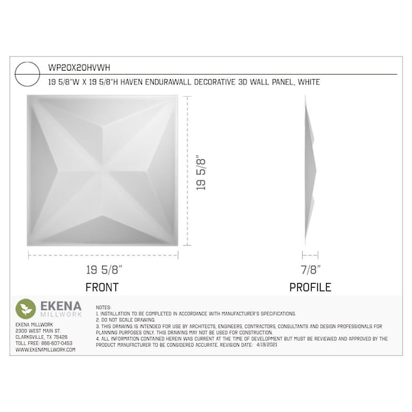 Ekena Millwork 19 5/8in. W x 19 5/8in. H Haven EnduraWall Decor 3D Wall Panel Covers Total 133.73 Sq. Ft., 50PK - WP20X20HVWH-CASE-50