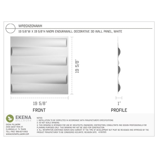 Ekena Millwork 19 5/8in. W x 19 5/8in. H Naomi EnduraWall Decorative 3D Wall Panel Covers, Total 32.1 Sq. Ft., 12PK - WP20X20NAWH-CASE-12