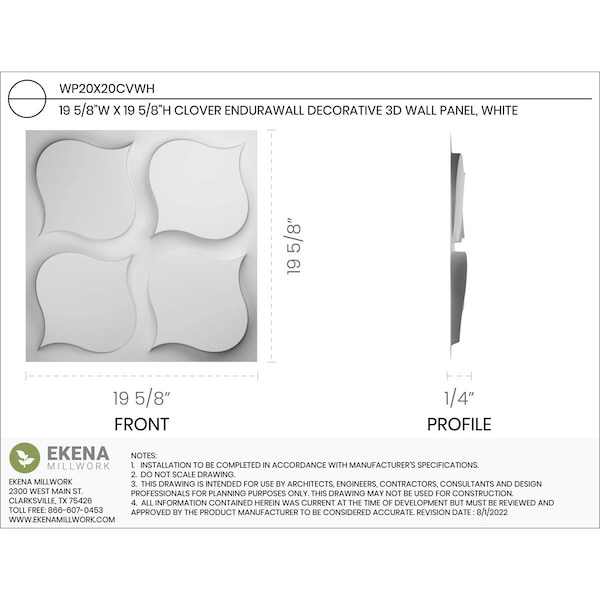 Ekena Millwork Clover EnduraWall Decorative 3D Wall Panel, White, 19 5/8"W x 19 5/8"H - WP20X20CVWH