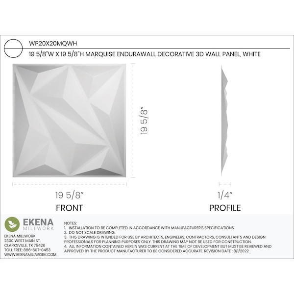 Ekena Millwork 19 5/8in. W x 19 5/8in. H Marquise EnduraWall Decorative 3D Wall Panel, White, 10PK - WP20X20MQWH-CASE-10