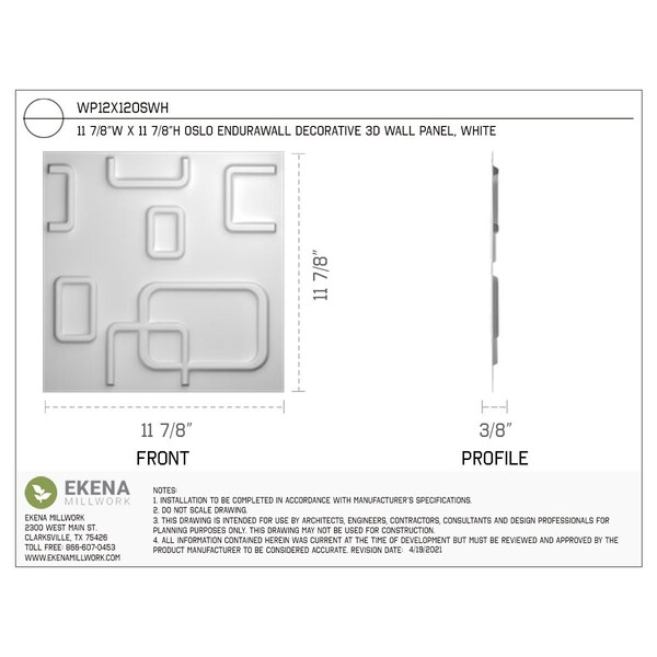 Ekena Millwork 11 7/8in. W x 11 7/8in. H Oslo EnduraWall Decorative 3D Wall Panel Covers Total 48.96 Sq. Ft., 50PK - WP12X12OSWH-CASE-50