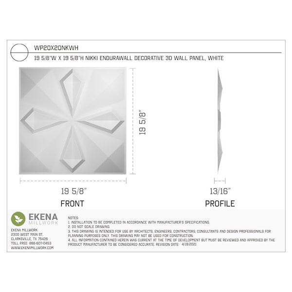 Ekena Millwork 19 5/8in. W x 19 5/8in. H Nikki EnduraWall Decor 3D Wall Panel Covers, Total 26.75 Sq. Ft., 10PK - WP20X20NKWH-CASE-10