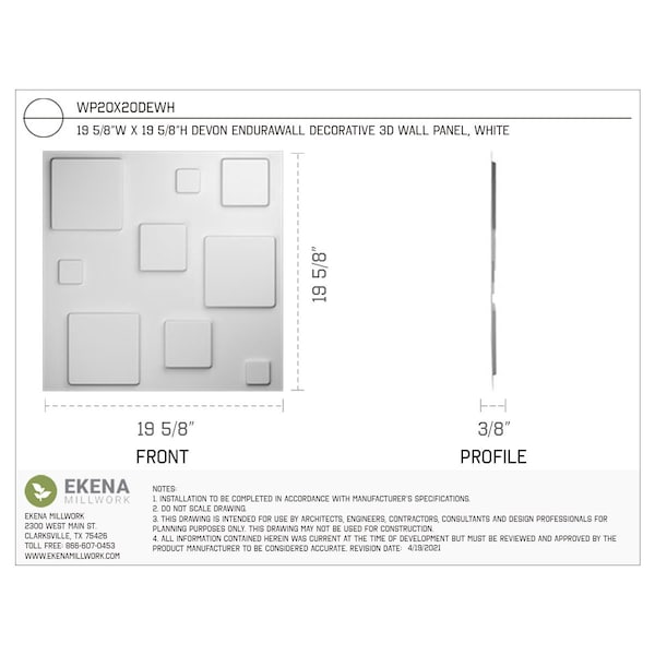 Ekena Millwork 19 5/8in. W x 19 5/8in. H Devon EnduraWall Decorative 3D Wall Panel Covers, Total 32.1 Sq. Ft., 12PK - WP20X20DEWH-CASE-12