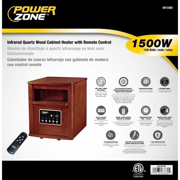 Powerzone PowerZone WH-96H Infrared Quartz Wood Cabinet Heater with Remote Control, 1000/1500 W, 120 V - WH-96H