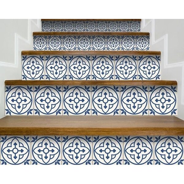Homeroots 7 x 7 in. Tulipa Blue & White Peel & Stick Removable Tiles - 399848