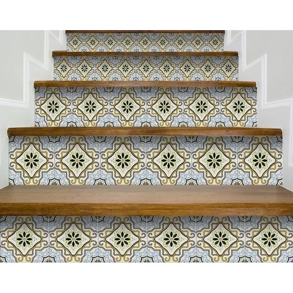 Homeroots 7 x 7 in. Taupe & Blue Scroll Peel & Stick Tiles - 400048