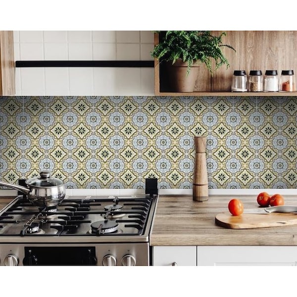 Homeroots 7 x 7 in. Taupe & Blue Scroll Peel & Stick Tiles - 400048