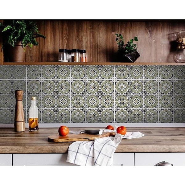 Homeroots 5 x 5 in. Vintage Aegean Olive Green Removable Peel & Stick Tiles - 400205