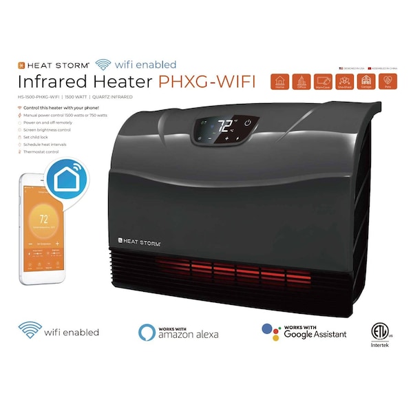 Heat Storm Infrared Space Heater, WIFI, Wall Mount, Digital Display, Adjustable Thermostat, 1500W, 120V, White - HS-1500-PHXG-WI