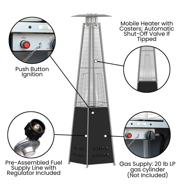 Flash Furniture Sol Patio Outdoor Heating-Black Stainless Steel Pyramid 42,000 BTU Propane Heater w/Wheels - NAN-FSDC-02-BK-GG