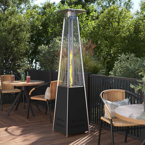 Flash Furniture Sol Patio Outdoor Heating-Black Stainless Steel Pyramid 42,000 BTU Propane Heater w/Wheels - NAN-FSDC-02-BK-GG