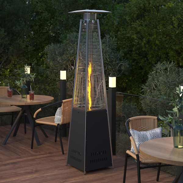 Flash Furniture Sol Patio Outdoor Heating-Black Stainless Steel Pyramid 42,000 BTU Propane Heater w/Wheels - NAN-FSDC-02-BK-GG