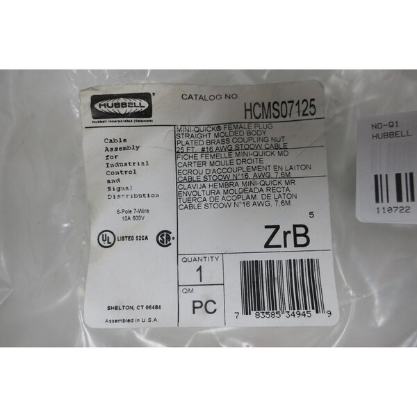 Conector recto hembra de MiniChange de Hubbell de 25 pies - HCMS07125